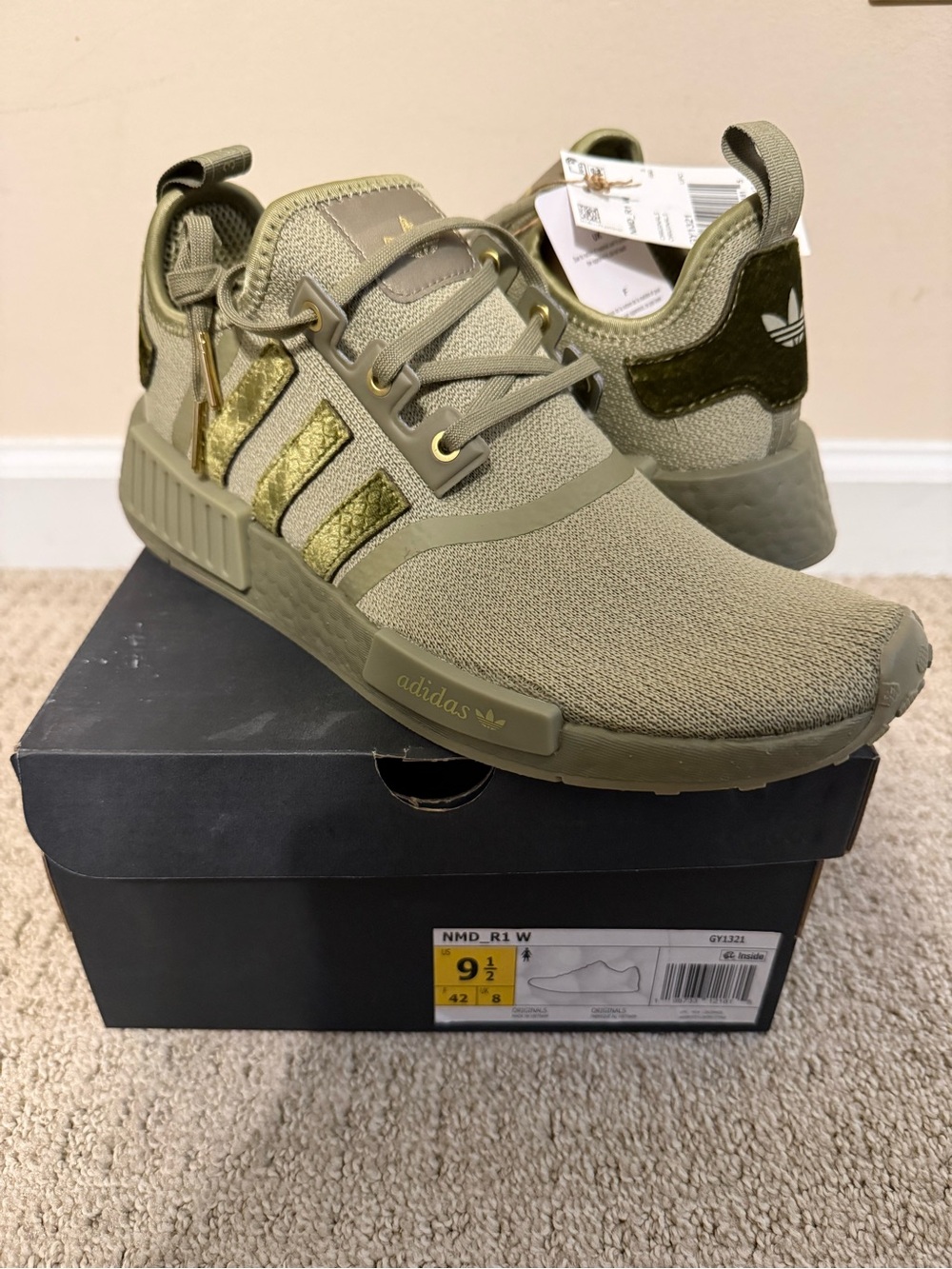 Adidas NMD R1 Olive Green with Gold Accent Sneakers